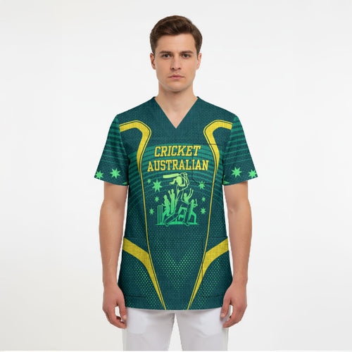 Australian Cricket Scrub Top Dark Green Halftone Tech Graphic - Southern Cross Stars
