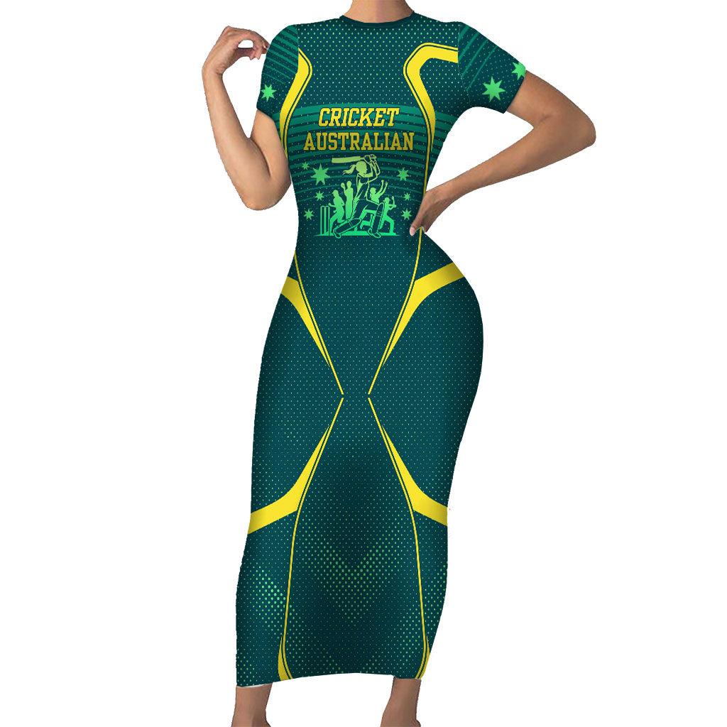 Australian Cricket Short Sleeve Bodycon Dress Dark Green Halftone Tech Graphic - Southern Cross Stars