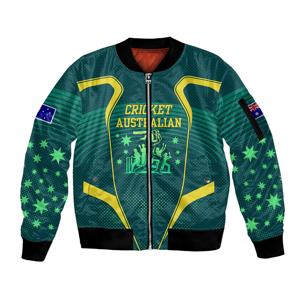Australian Cricket Sleeve Zip Bomber Jacket Dark Green Halftone Tech Graphic - Southern Cross Stars