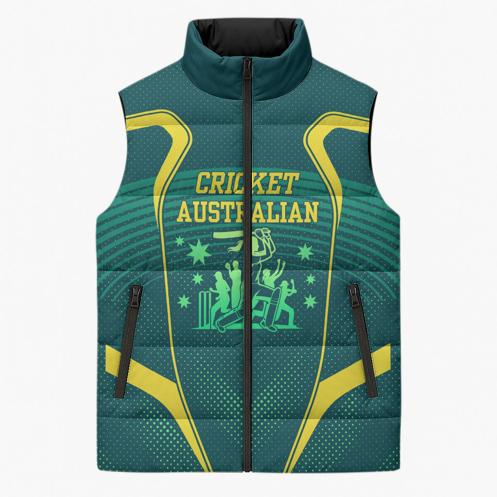 Australian Cricket Sleeveless Puffer Jacket Dark Green Halftone Tech Graphic - Southern Cross Stars