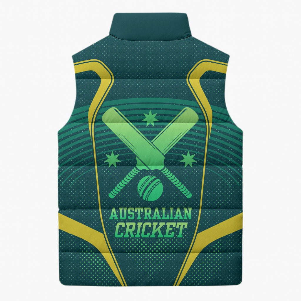 Australian Cricket Sleeveless Puffer Jacket Dark Green Halftone Tech Graphic - Southern Cross Stars