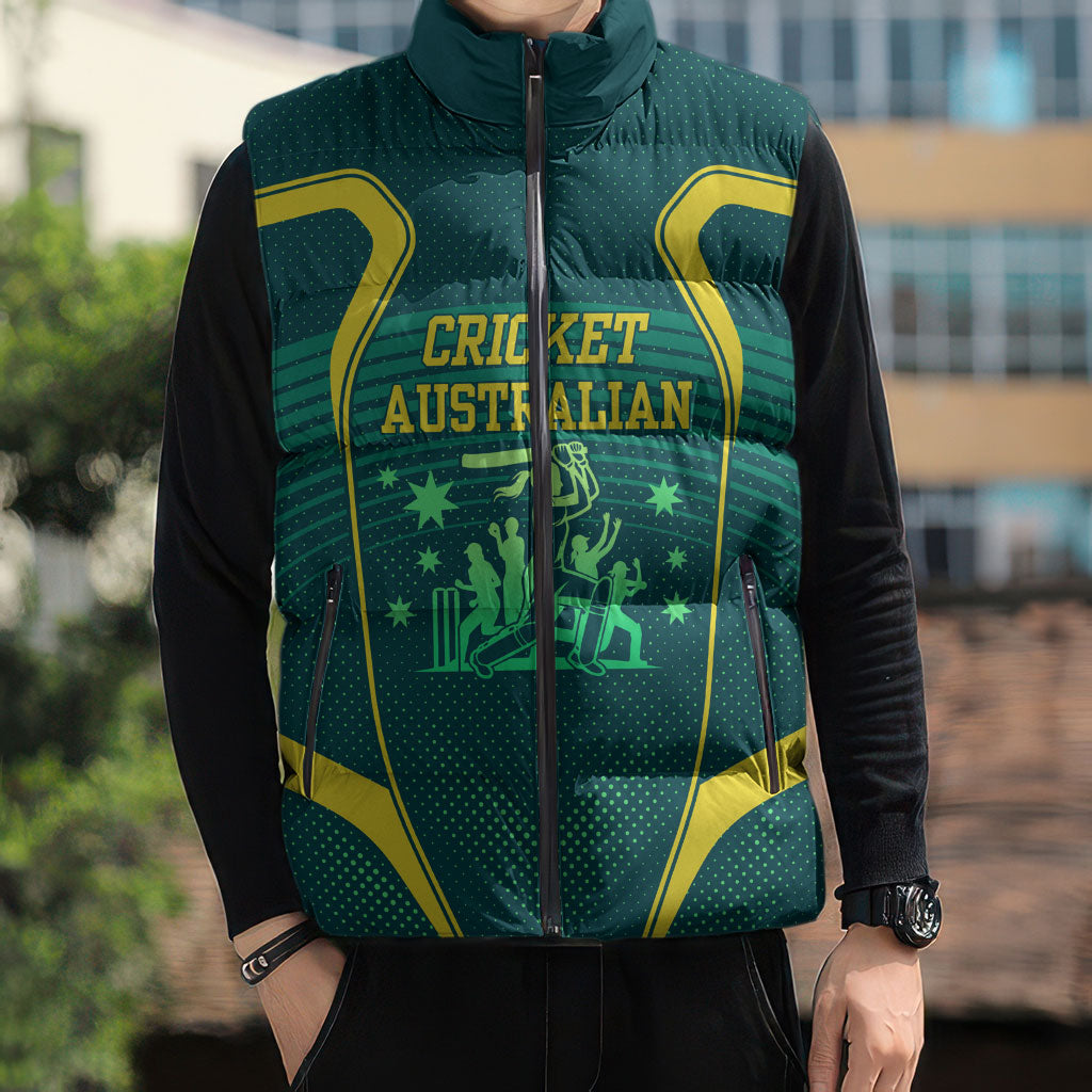 Australian Cricket Sleeveless Puffer Jacket Dark Green Halftone Tech Graphic - Southern Cross Stars