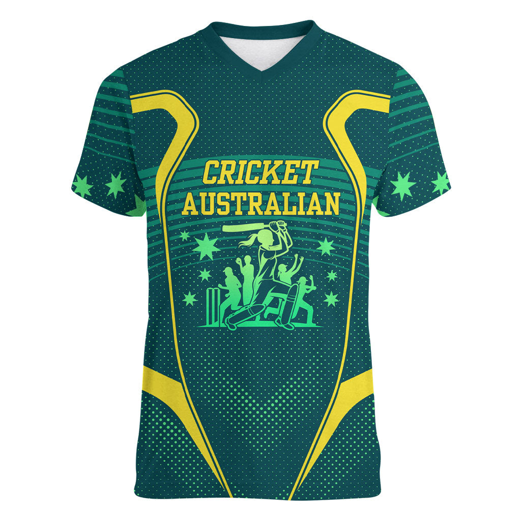 Australian Cricket Women V-Neck T-Shirt Dark Green Halftone Tech Graphic - Southern Cross Stars