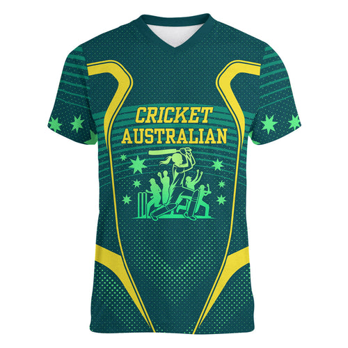 Australian Cricket Women V-Neck T-Shirt Dark Green Halftone Tech Graphic - Southern Cross Stars