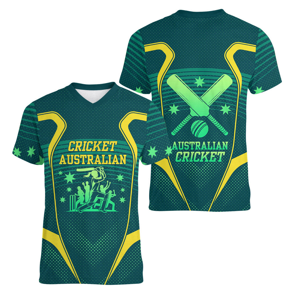 Australian Cricket Women V-Neck T-Shirt Dark Green Halftone Tech Graphic - Southern Cross Stars