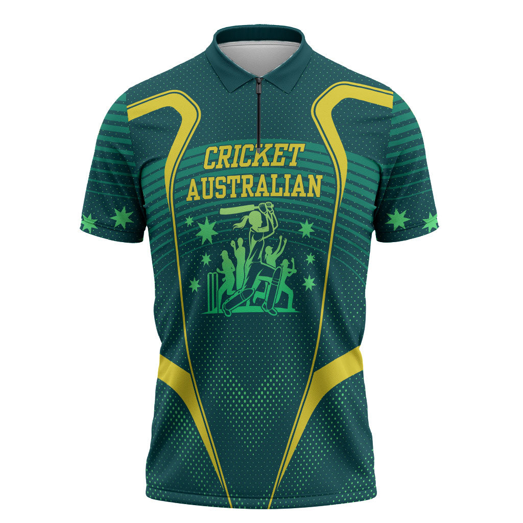 Australian Cricket Zipper Polo Shirt Dark Green Halftone Tech Graphic - Southern Cross Stars