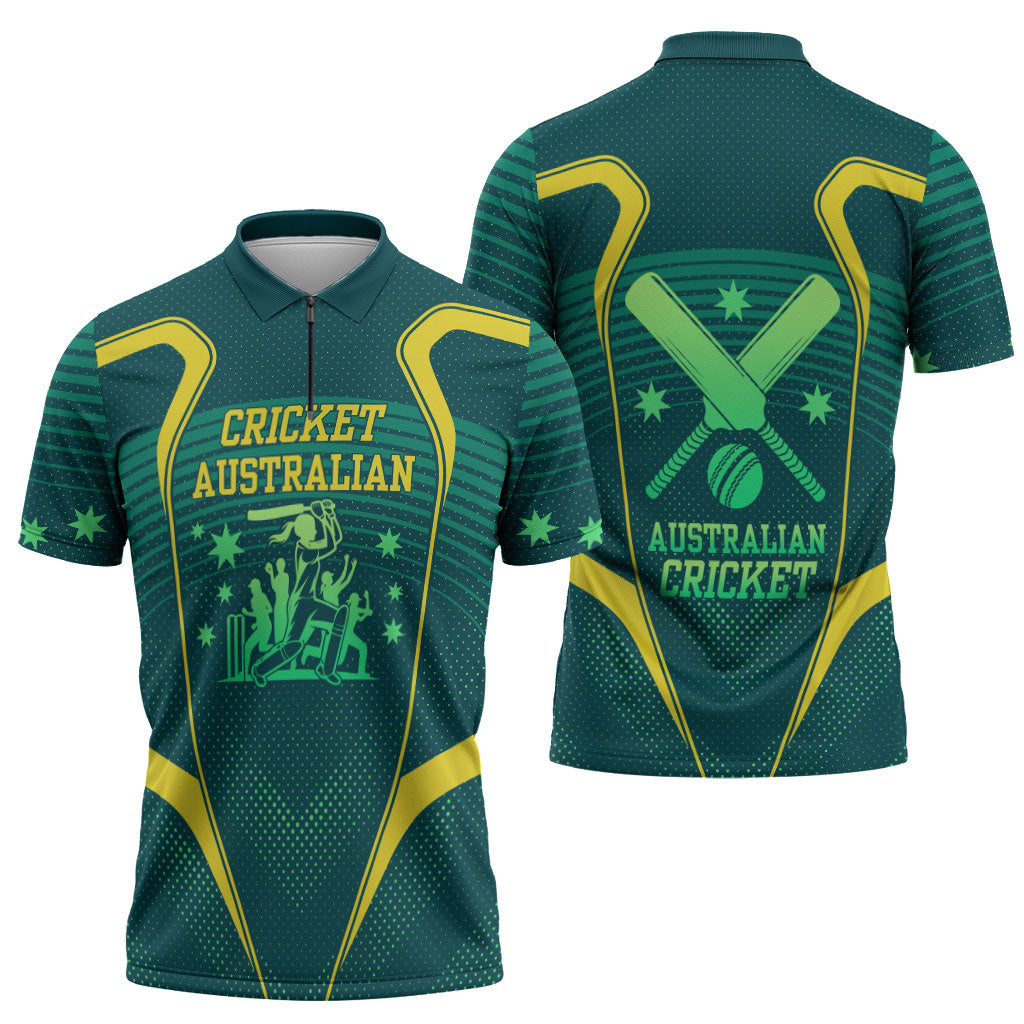 Australian Cricket Zipper Polo Shirt Dark Green Halftone Tech Graphic - Southern Cross Stars