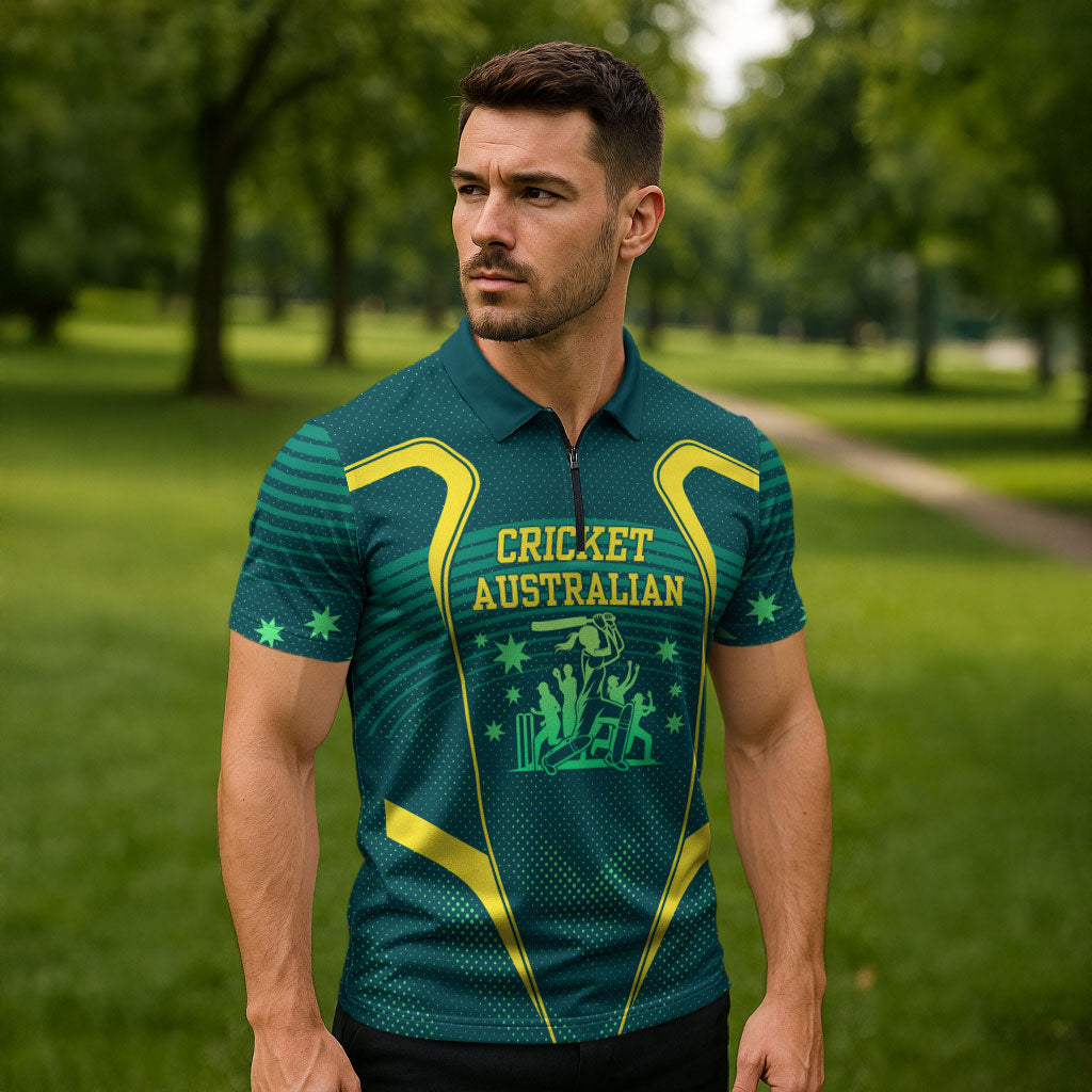 Australian Cricket Zipper Polo Shirt Dark Green Halftone Tech Graphic - Southern Cross Stars
