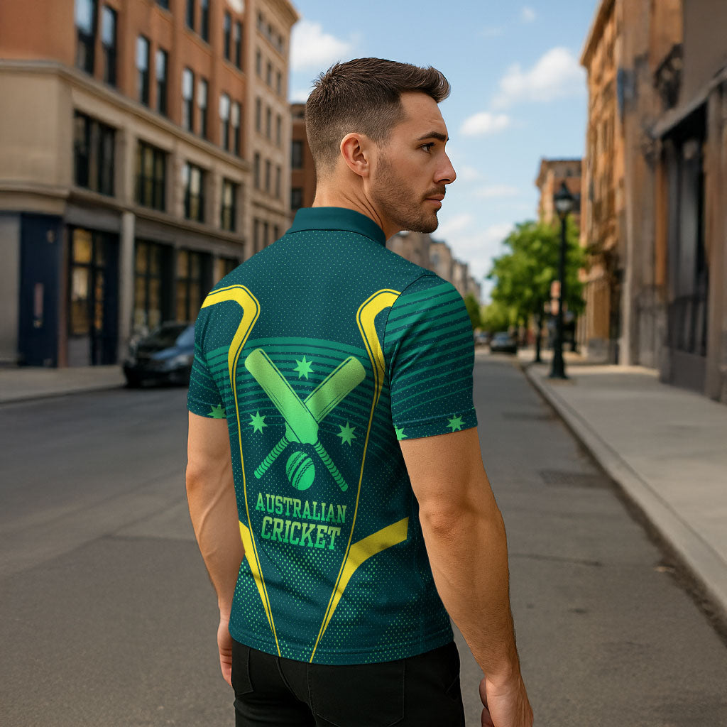 Australian Cricket Zipper Polo Shirt Dark Green Halftone Tech Graphic - Southern Cross Stars