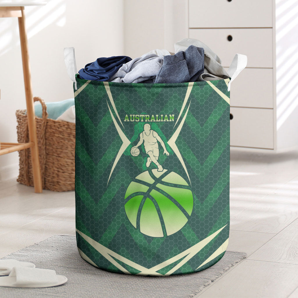 Australian Boomers Basketball Laundry Basket Green Hexagon Camo Style With Dynamic Slam Dunk Graphic