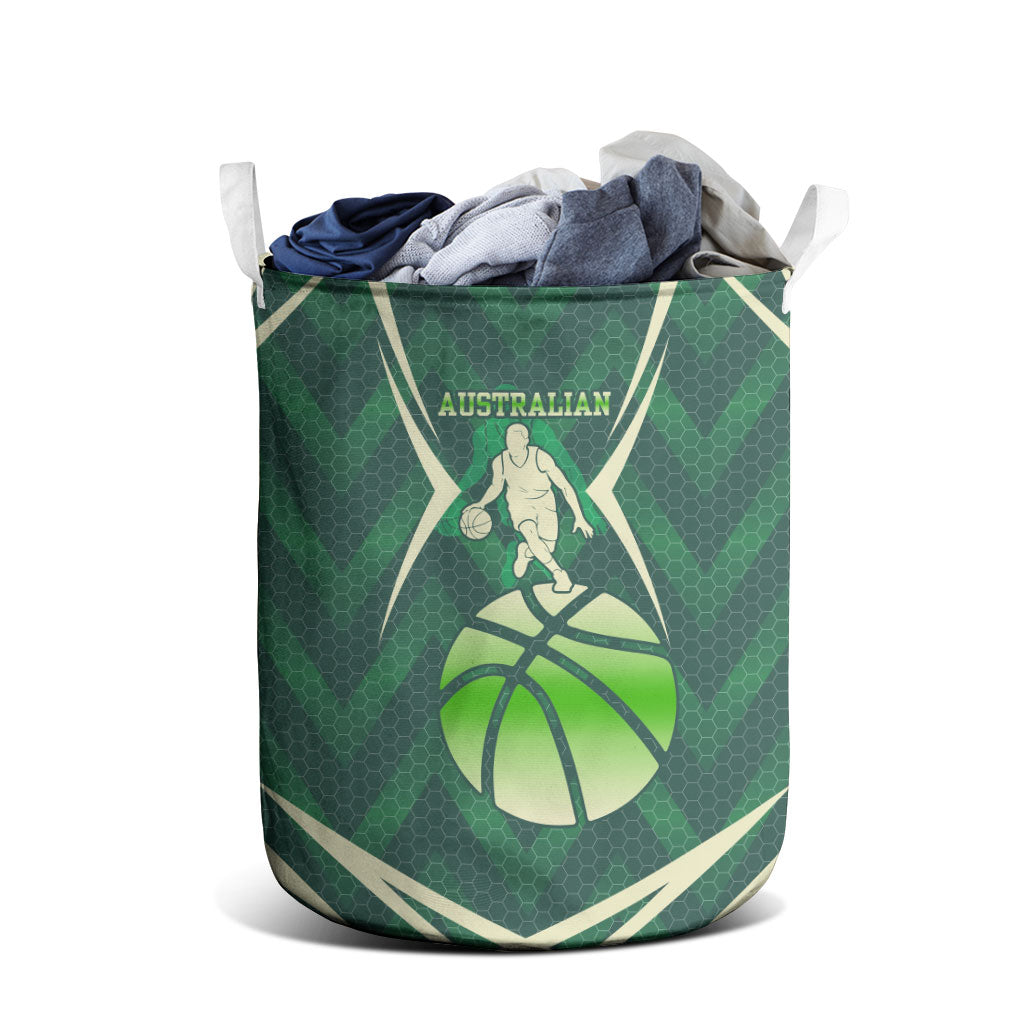 Australian Boomers Basketball Laundry Basket Green Hexagon Camo Style With Dynamic Slam Dunk Graphic