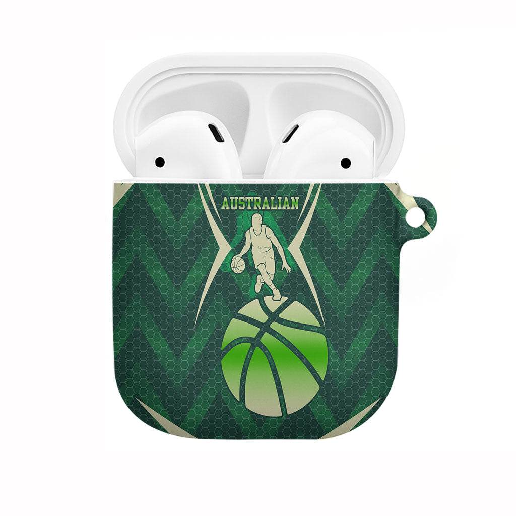 Australian Boomers Basketball AirPods Case Green Hexagon Camo Style With Dynamic Slam Dunk Graphic