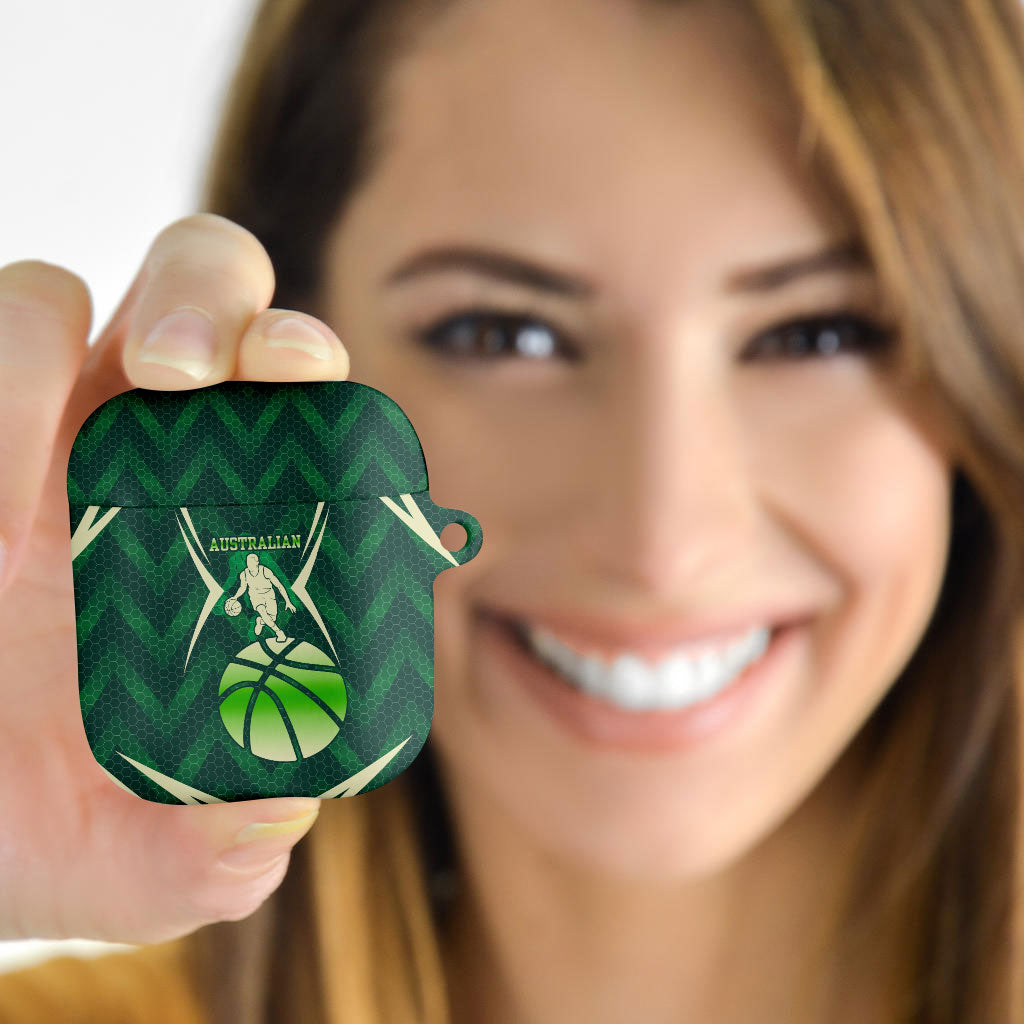 Australian Boomers Basketball AirPods Case Green Hexagon Camo Style With Dynamic Slam Dunk Graphic