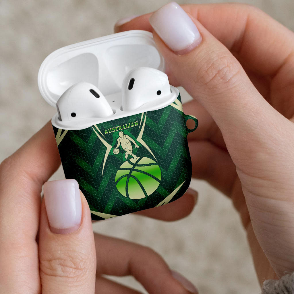 Australian Boomers Basketball AirPods Case Green Hexagon Camo Style With Dynamic Slam Dunk Graphic