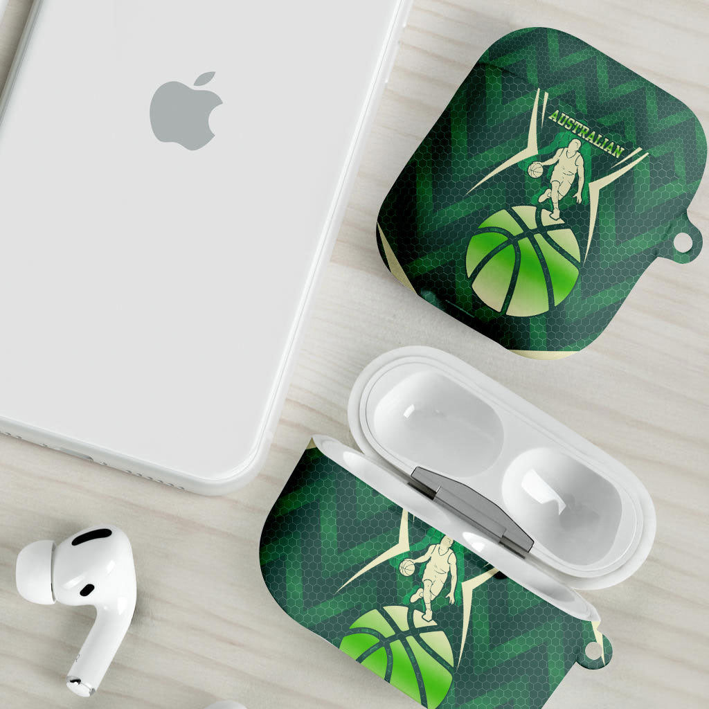 Australian Boomers Basketball AirPods Case Green Hexagon Camo Style With Dynamic Slam Dunk Graphic