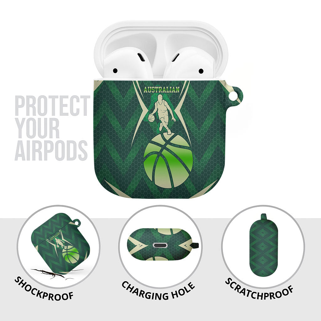 Australian Boomers Basketball AirPods Case Green Hexagon Camo Style With Dynamic Slam Dunk Graphic