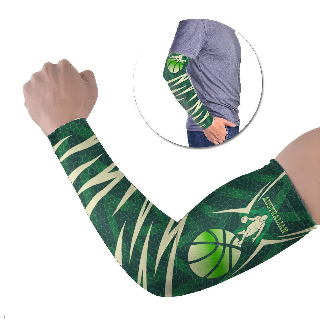 Australian Boomers Basketball Arm Sleeves Green Hexagon Camo Style With Dynamic Slam Dunk Graphic