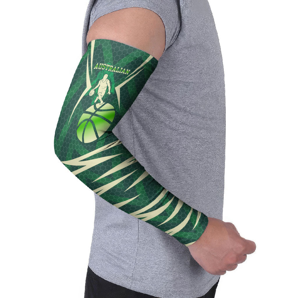 Australian Boomers Basketball Arm Sleeves Green Hexagon Camo Style With Dynamic Slam Dunk Graphic