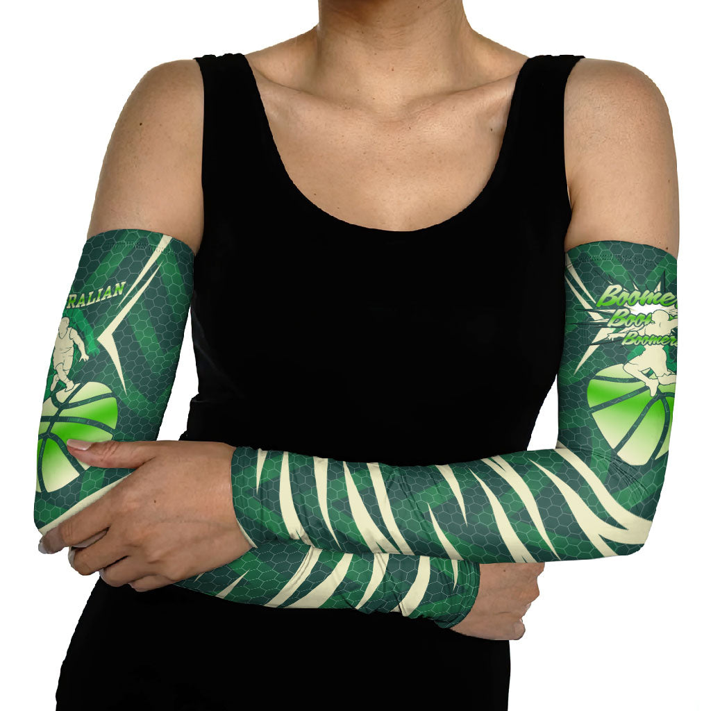 Australian Boomers Basketball Arm Sleeves Green Hexagon Camo Style With Dynamic Slam Dunk Graphic