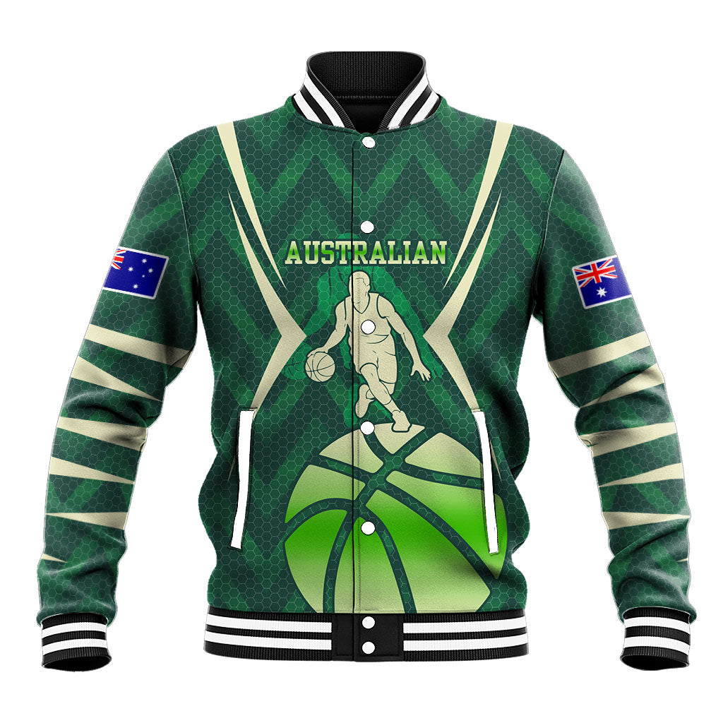 Australian Boomers Basketball Baseball Jacket Green Hexagon Camo Style With Dynamic Slam Dunk Graphic