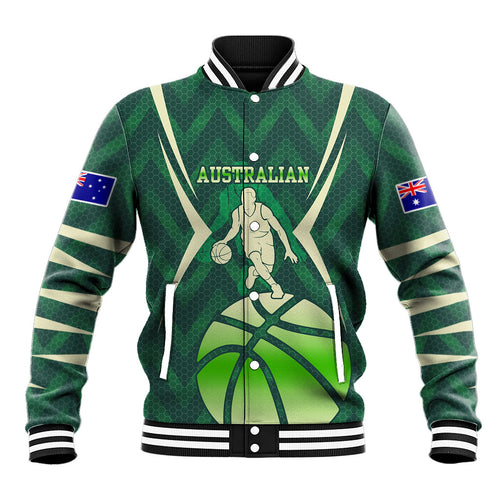 Australian Boomers Basketball Baseball Jacket Green Hexagon Camo Style With Dynamic Slam Dunk Graphic