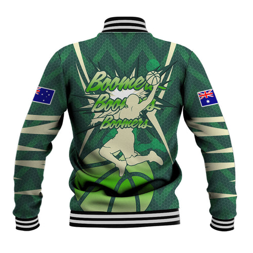 Australian Boomers Basketball Baseball Jacket Green Hexagon Camo Style With Dynamic Slam Dunk Graphic