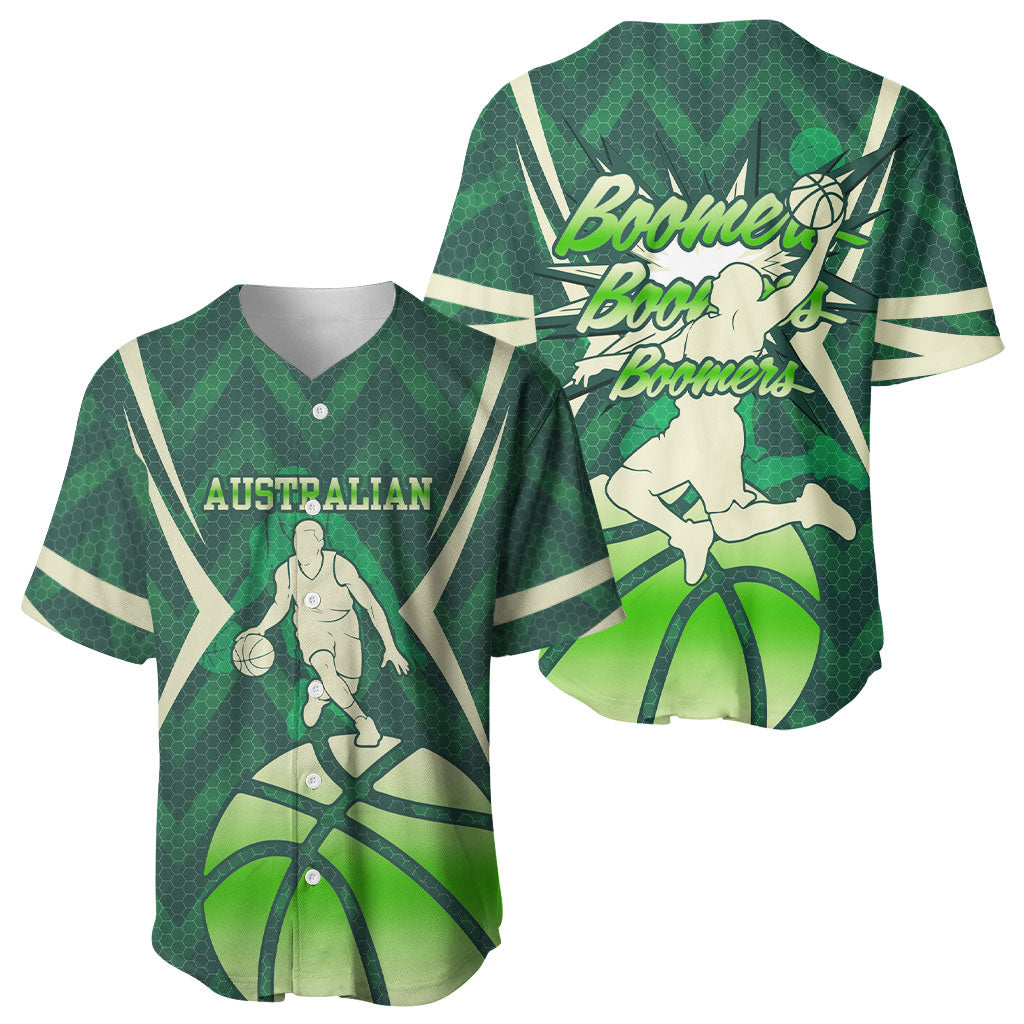 Australian Boomers Basketball Baseball Jersey Green Hexagon Camo Style With Dynamic Slam Dunk Graphic