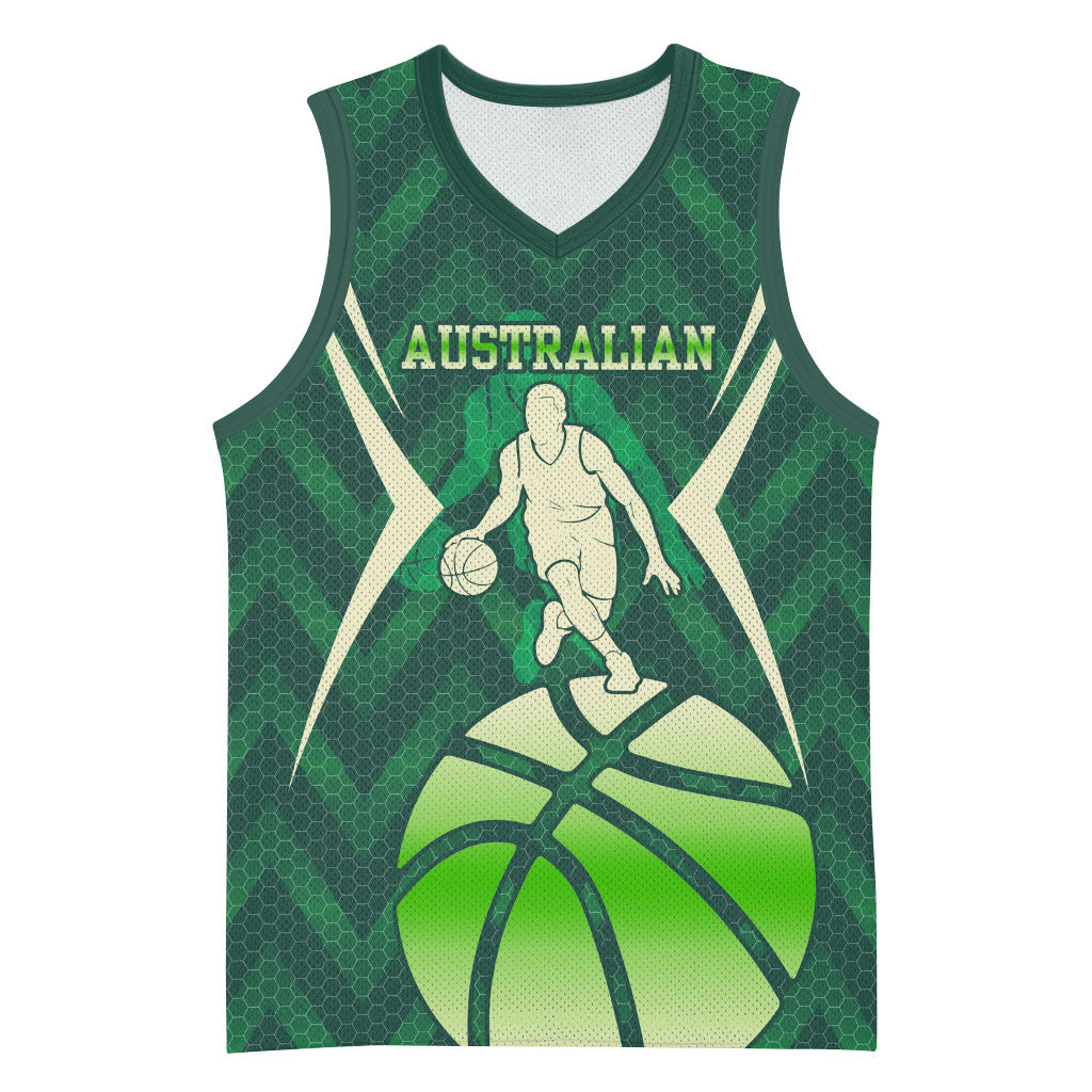Australian Boomers Basketball Basketball Jersey Green Hexagon Camo Style With Dynamic Slam Dunk Graphic