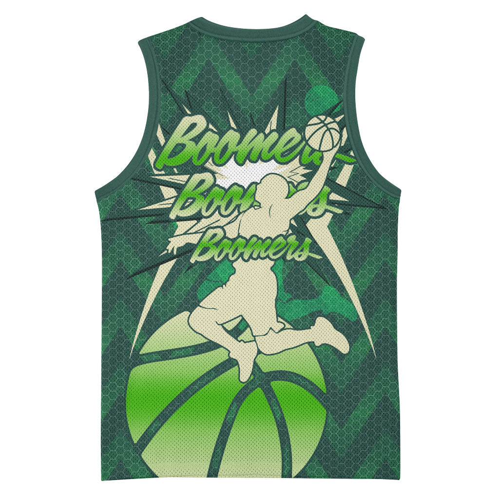 Australian Boomers Basketball Basketball Jersey Green Hexagon Camo Style With Dynamic Slam Dunk Graphic