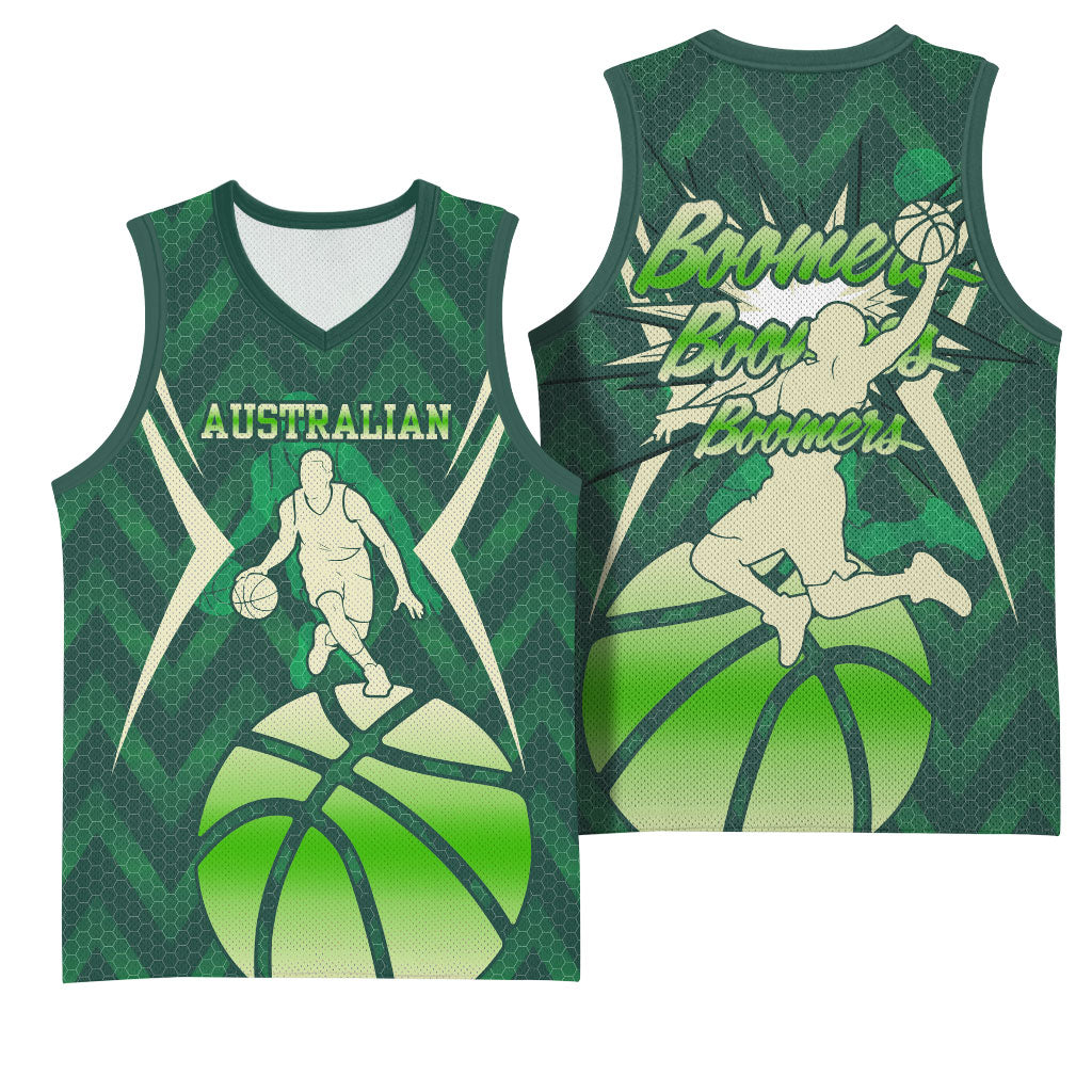 Australian Boomers Basketball Basketball Jersey Green Hexagon Camo Style With Dynamic Slam Dunk Graphic