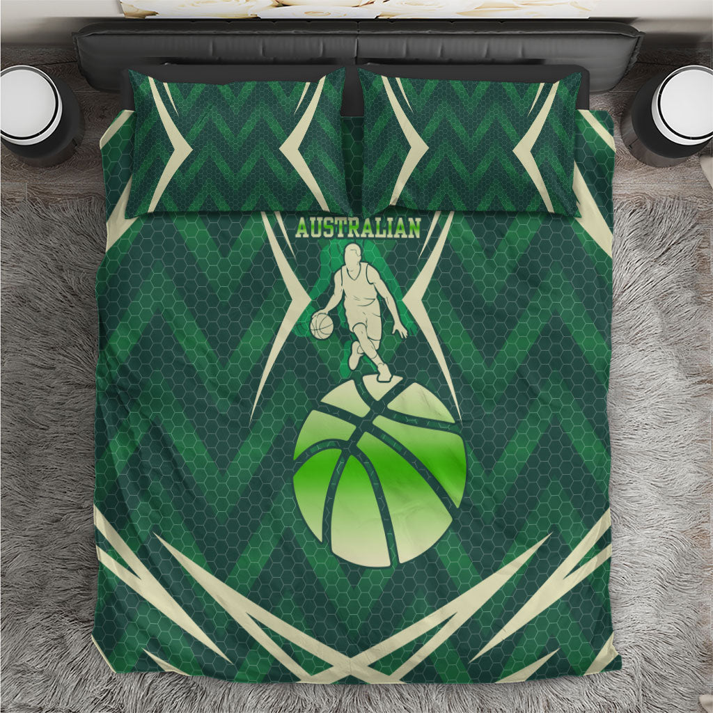 Australian Boomers Basketball Bedding Set Green Hexagon Camo Style With Dynamic Slam Dunk Graphic