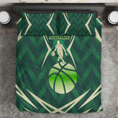 Australian Boomers Basketball Bedding Set Green Hexagon Camo Style With Dynamic Slam Dunk Graphic