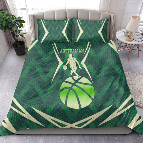 Australian Boomers Basketball Bedding Set Green Hexagon Camo Style With Dynamic Slam Dunk Graphic