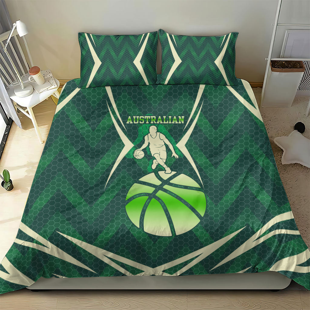 Australian Boomers Basketball Bedding Set Green Hexagon Camo Style With Dynamic Slam Dunk Graphic
