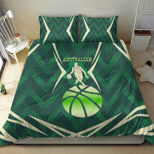 Australian Boomers Basketball Bedding Set Green Hexagon Camo Style With Dynamic Slam Dunk Graphic