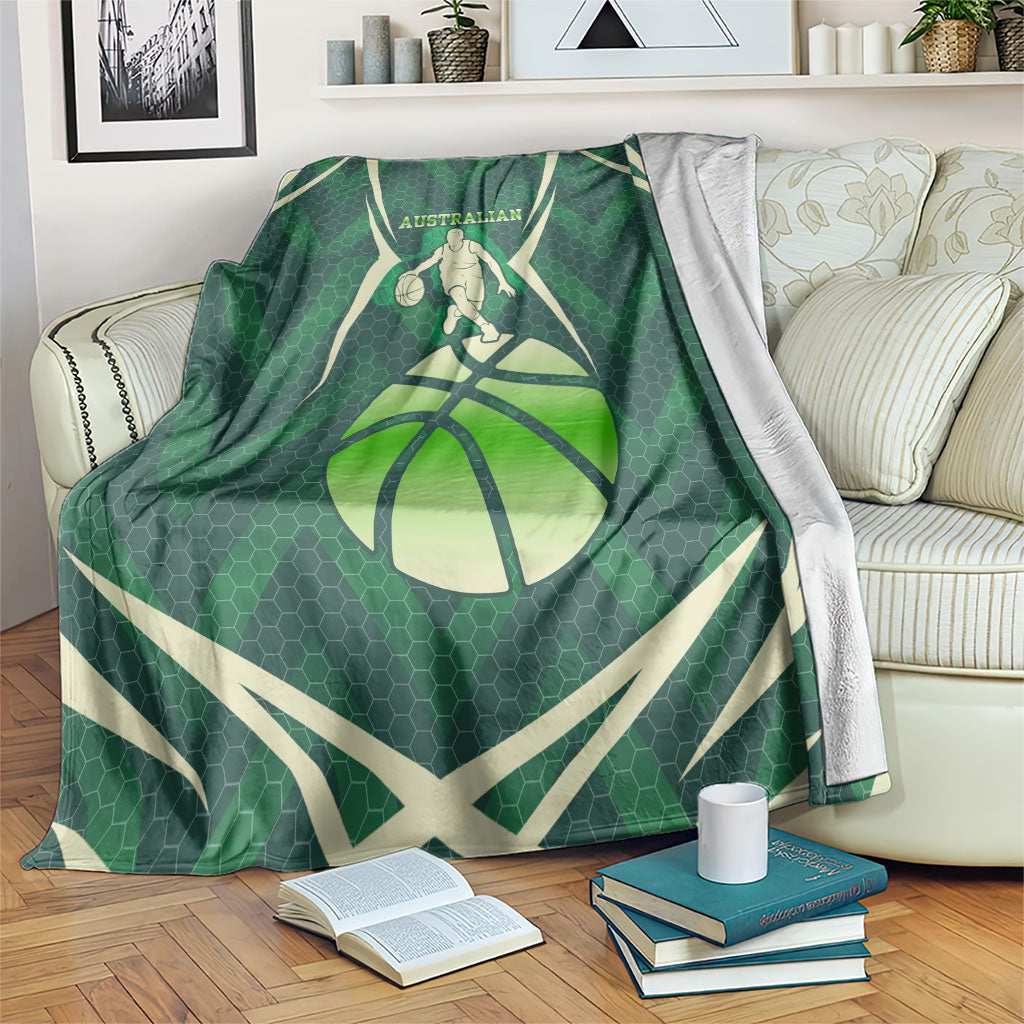 Australian Boomers Basketball Blanket Green Hexagon Camo Style With Dynamic Slam Dunk Graphic