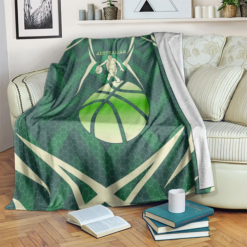 Australian Boomers Basketball Blanket Green Hexagon Camo Style With Dynamic Slam Dunk Graphic