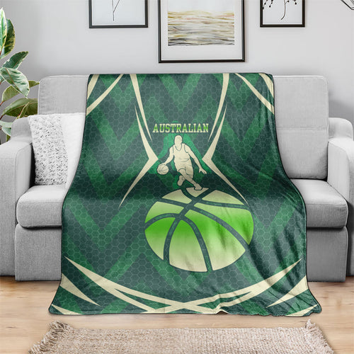 Australian Boomers Basketball Blanket Green Hexagon Camo Style With Dynamic Slam Dunk Graphic