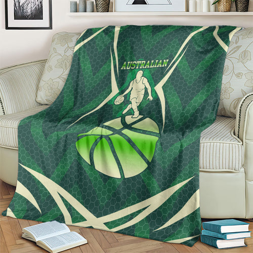 Australian Boomers Basketball Blanket Green Hexagon Camo Style With Dynamic Slam Dunk Graphic