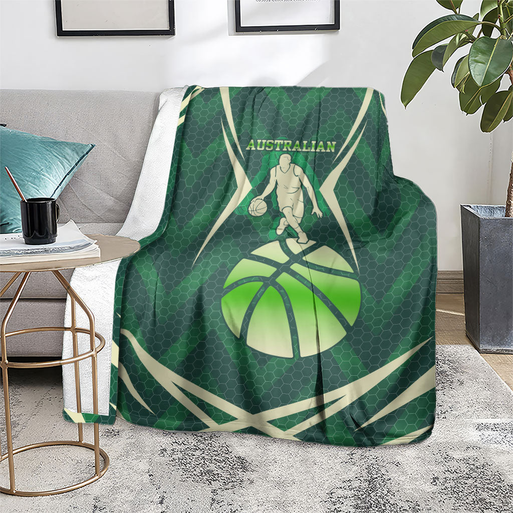 Australian Boomers Basketball Blanket Green Hexagon Camo Style With Dynamic Slam Dunk Graphic