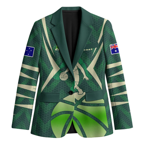 Australian Boomers Basketball Blazer Green Hexagon Camo Style With Dynamic Slam Dunk Graphic