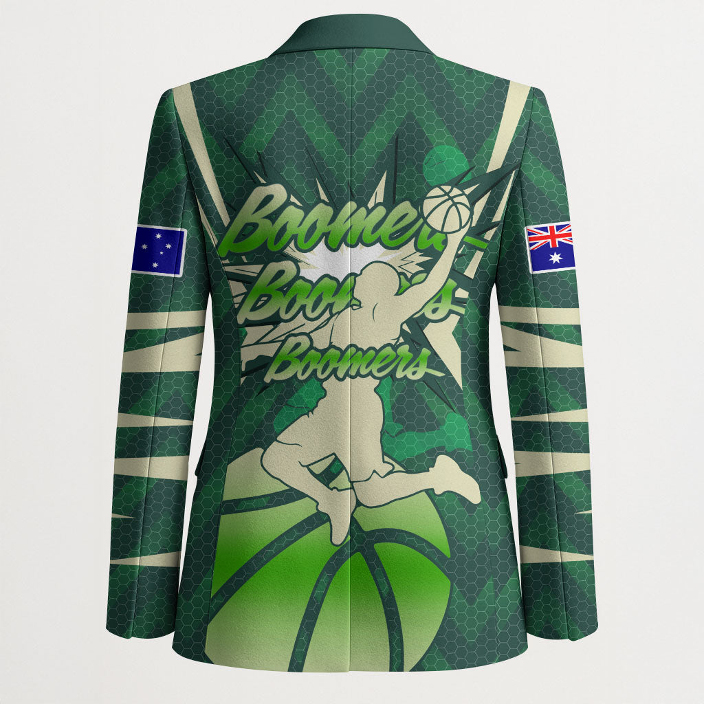 Australian Boomers Basketball Blazer Green Hexagon Camo Style With Dynamic Slam Dunk Graphic