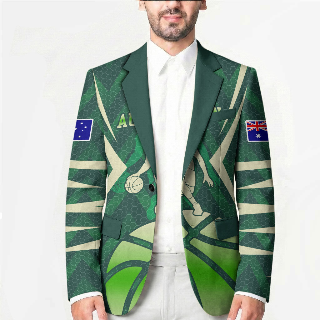 Australian Boomers Basketball Blazer Green Hexagon Camo Style With Dynamic Slam Dunk Graphic
