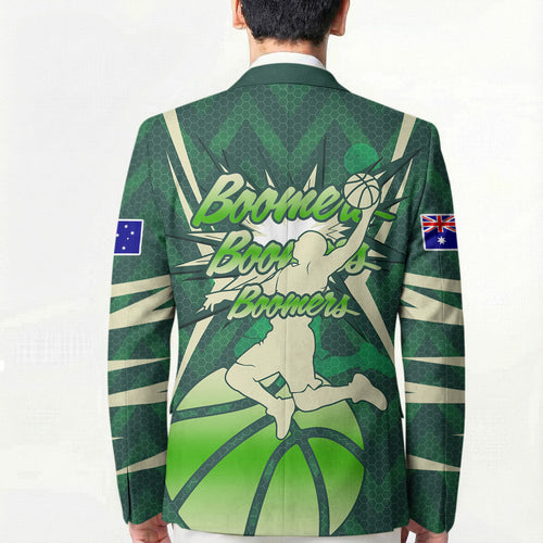 Australian Boomers Basketball Blazer Green Hexagon Camo Style With Dynamic Slam Dunk Graphic