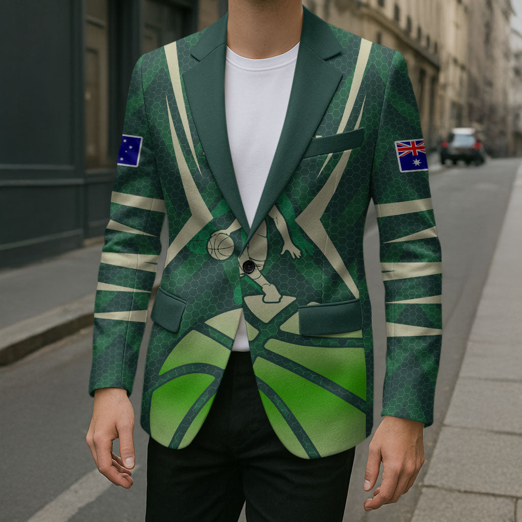 Australian Boomers Basketball Blazer Green Hexagon Camo Style With Dynamic Slam Dunk Graphic