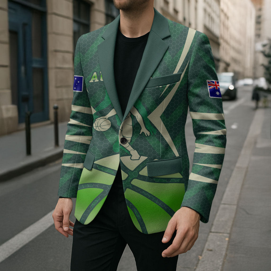 Australian Boomers Basketball Blazer Green Hexagon Camo Style With Dynamic Slam Dunk Graphic