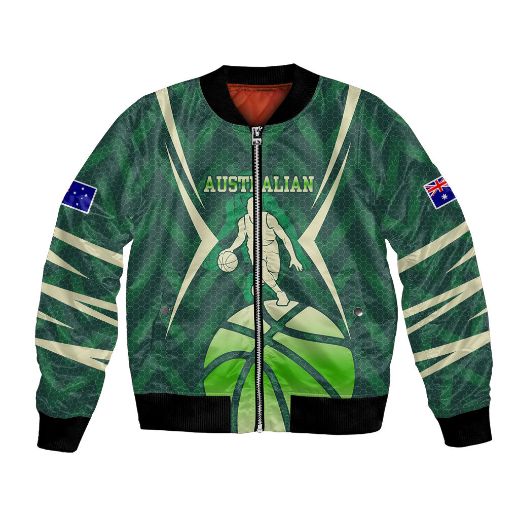 Australian Boomers Basketball Bomber Jacket Green Hexagon Camo Style With Dynamic Slam Dunk Graphic