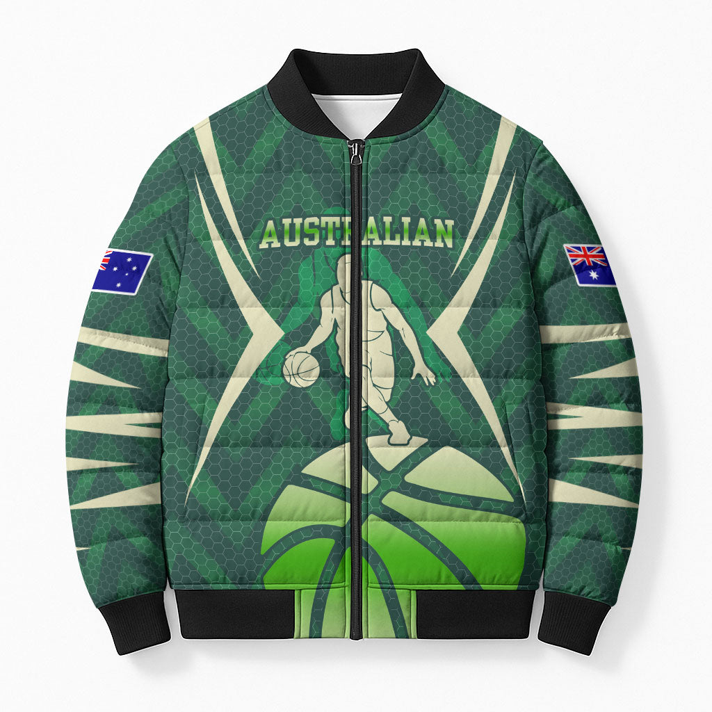 Australian Boomers Basketball Bomber Puffer Jacket Green Hexagon Camo Style With Dynamic Slam Dunk Graphic