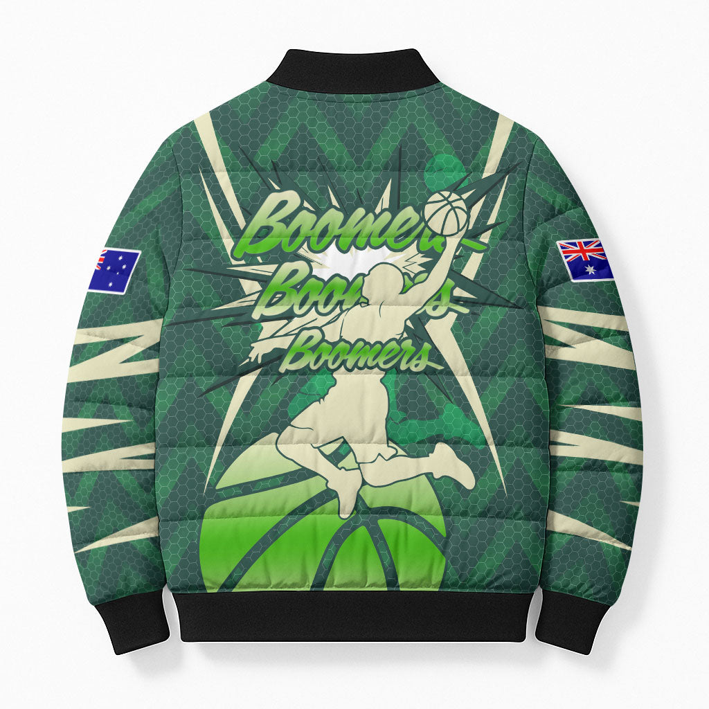 Australian Boomers Basketball Bomber Puffer Jacket Green Hexagon Camo Style With Dynamic Slam Dunk Graphic