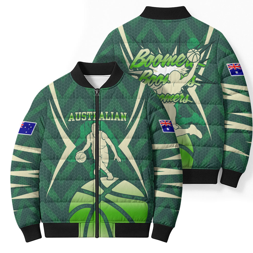 Australian Boomers Basketball Bomber Puffer Jacket Green Hexagon Camo Style With Dynamic Slam Dunk Graphic